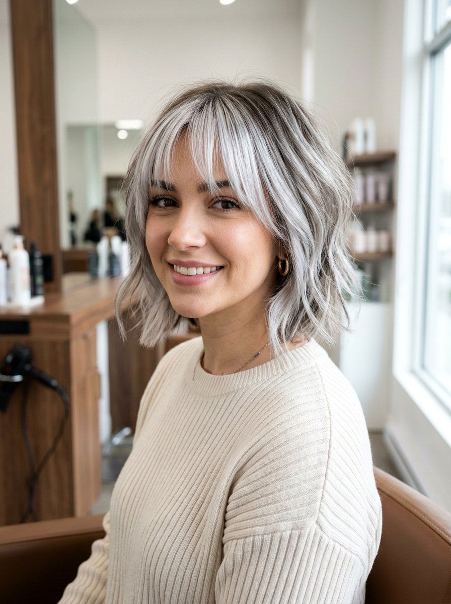 Silver Balayage On Layered Bob With Bangs - 20 silver balayage for layered bob - 20 silver balayage for layered bob