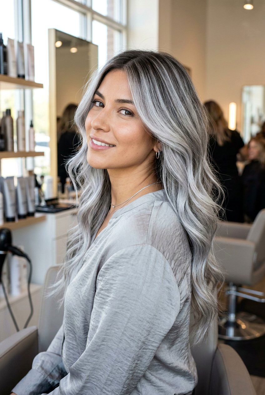 Silver Balayage With Root Shadow - 20 natural gray transition hair color - 20 natural gray transition hair color