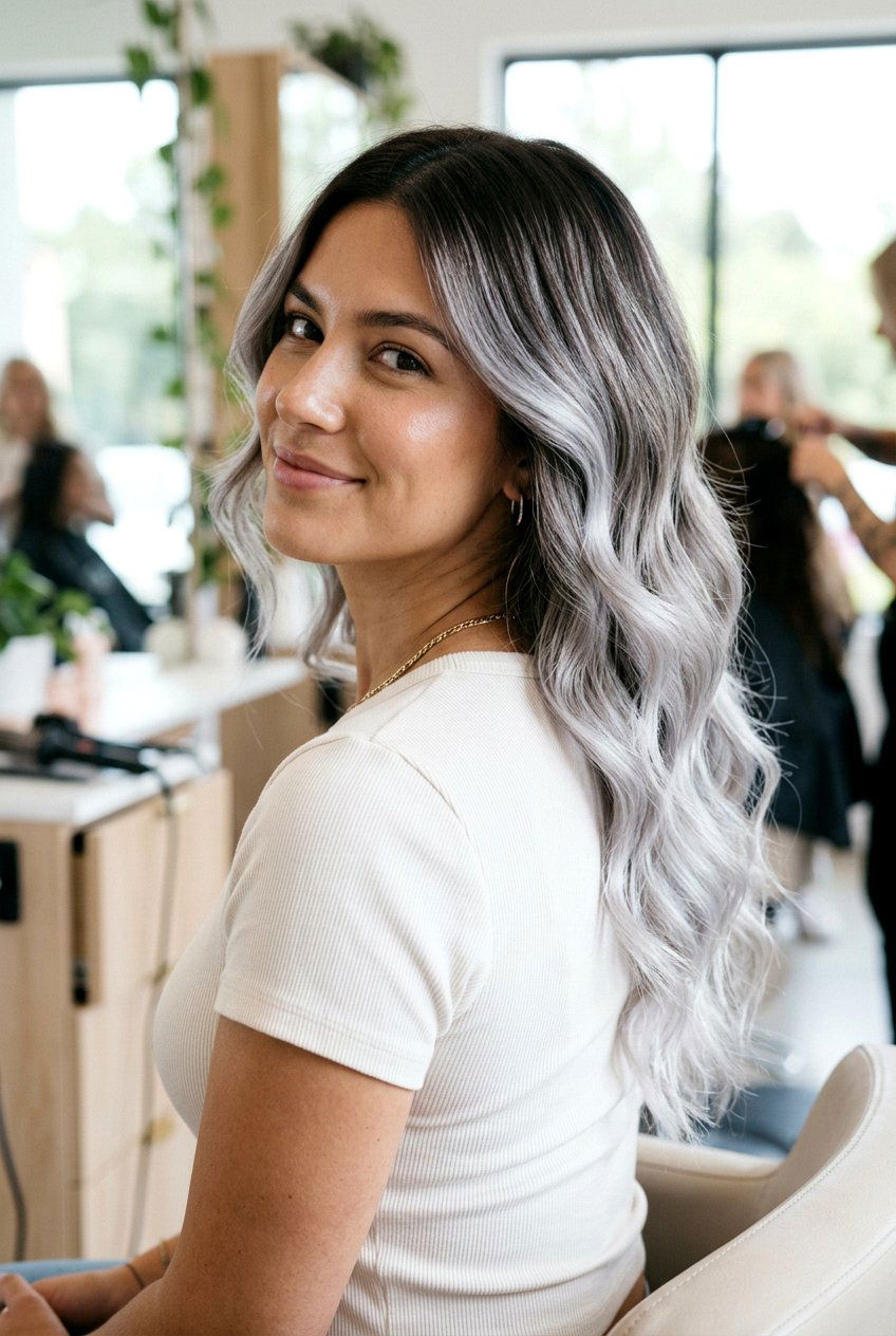 Silver Balayage on Dark Brown Hair - 20 silver highlights on dark hair - 20 silver highlights on dark hair