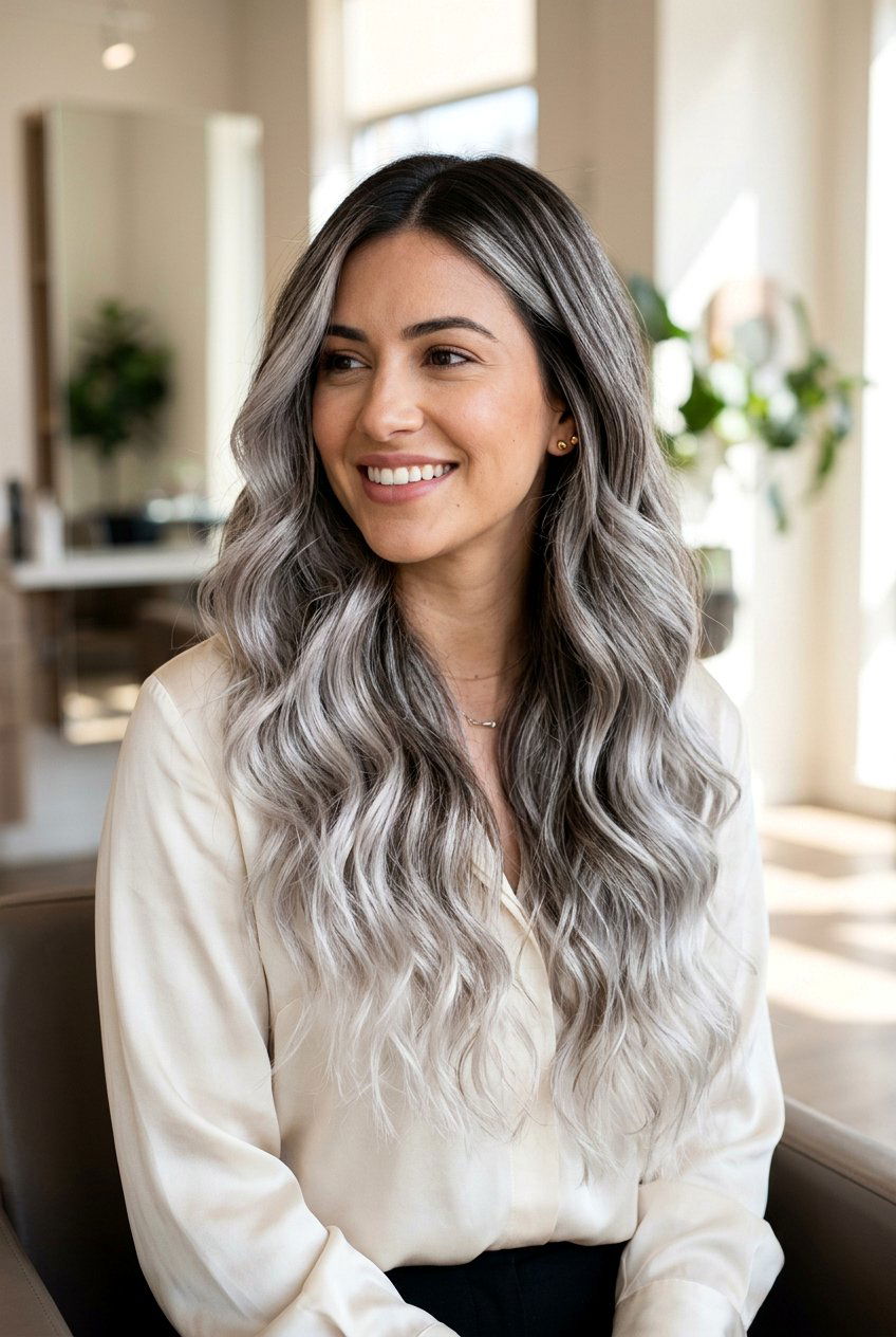 Silver Balayage with Espresso Lowlights - 20 salt and pepper blend with lowlights - 20 salt and pepper blend with lowlights