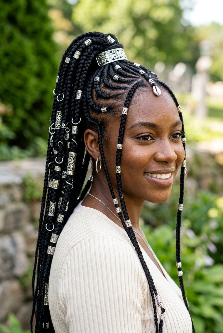 Silver Beads Fulani Braids Ponytail - 20 fulani braids ponytail with beads - 20 fulani braids ponytail with beads