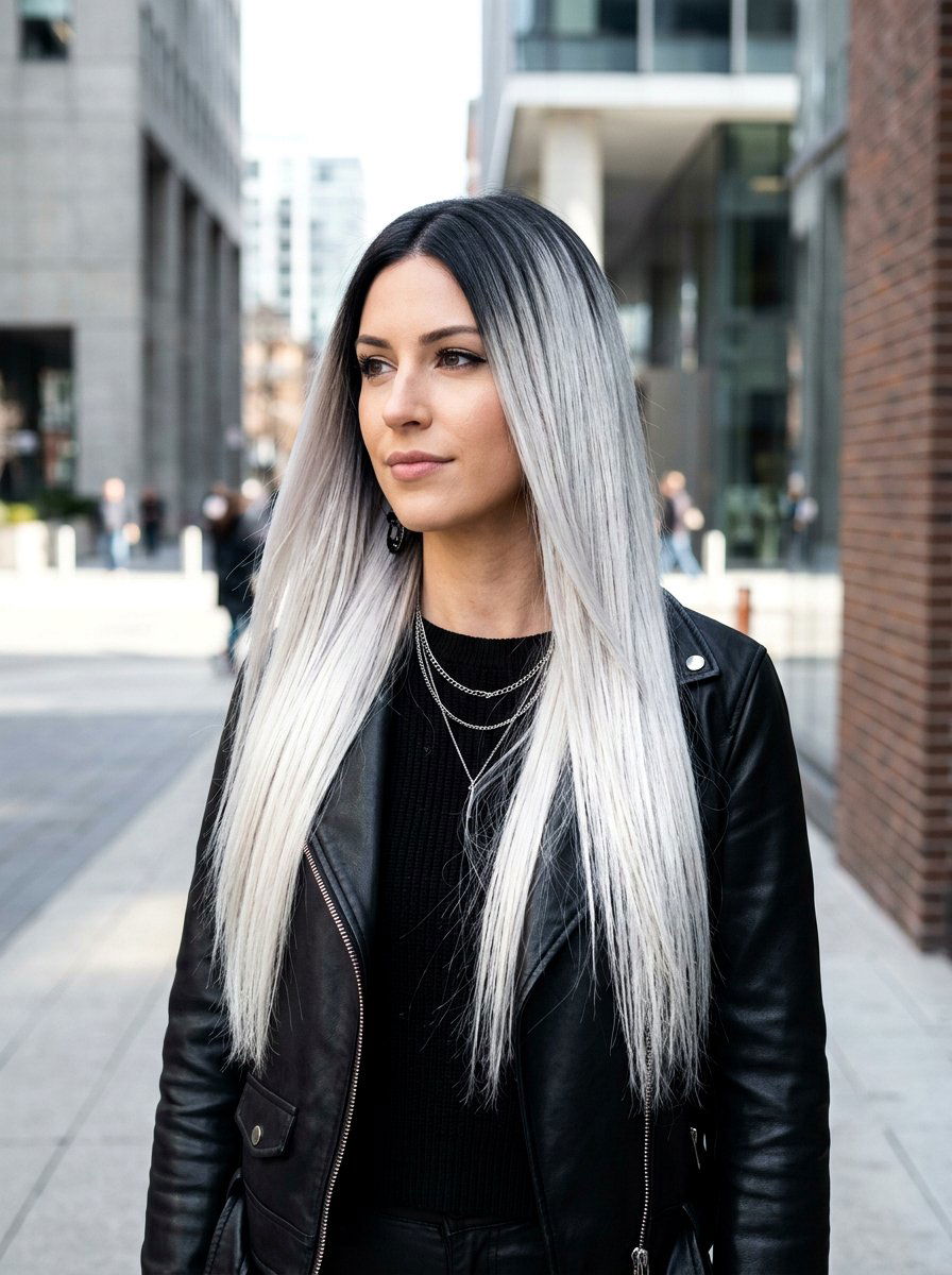Silver Blonde With Charcoal Roots - 20 rooted silver blonde hair - 20 rooted silver blonde hair