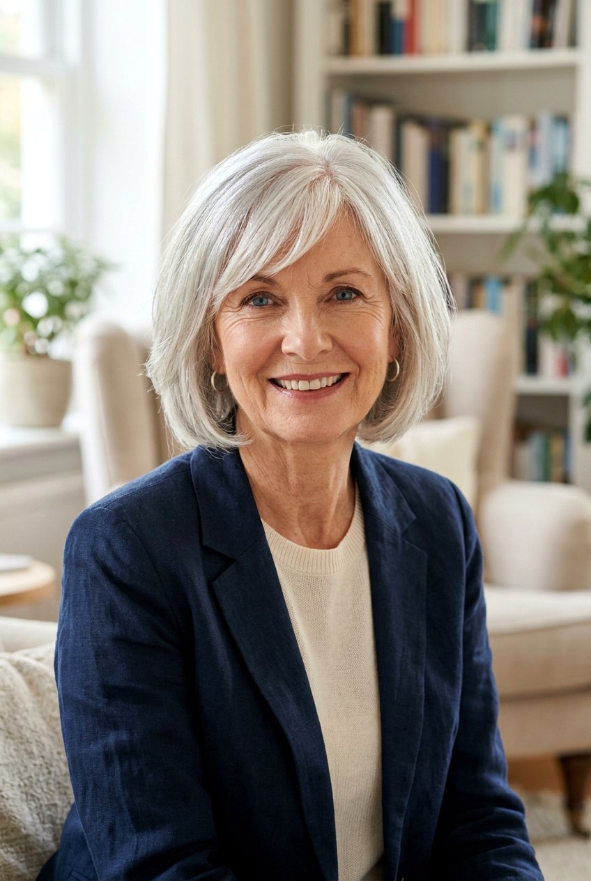 Silver Bob With Side Swept Bangs - 20 classy bob haircuts for older women - 20 classy bob haircuts for older women