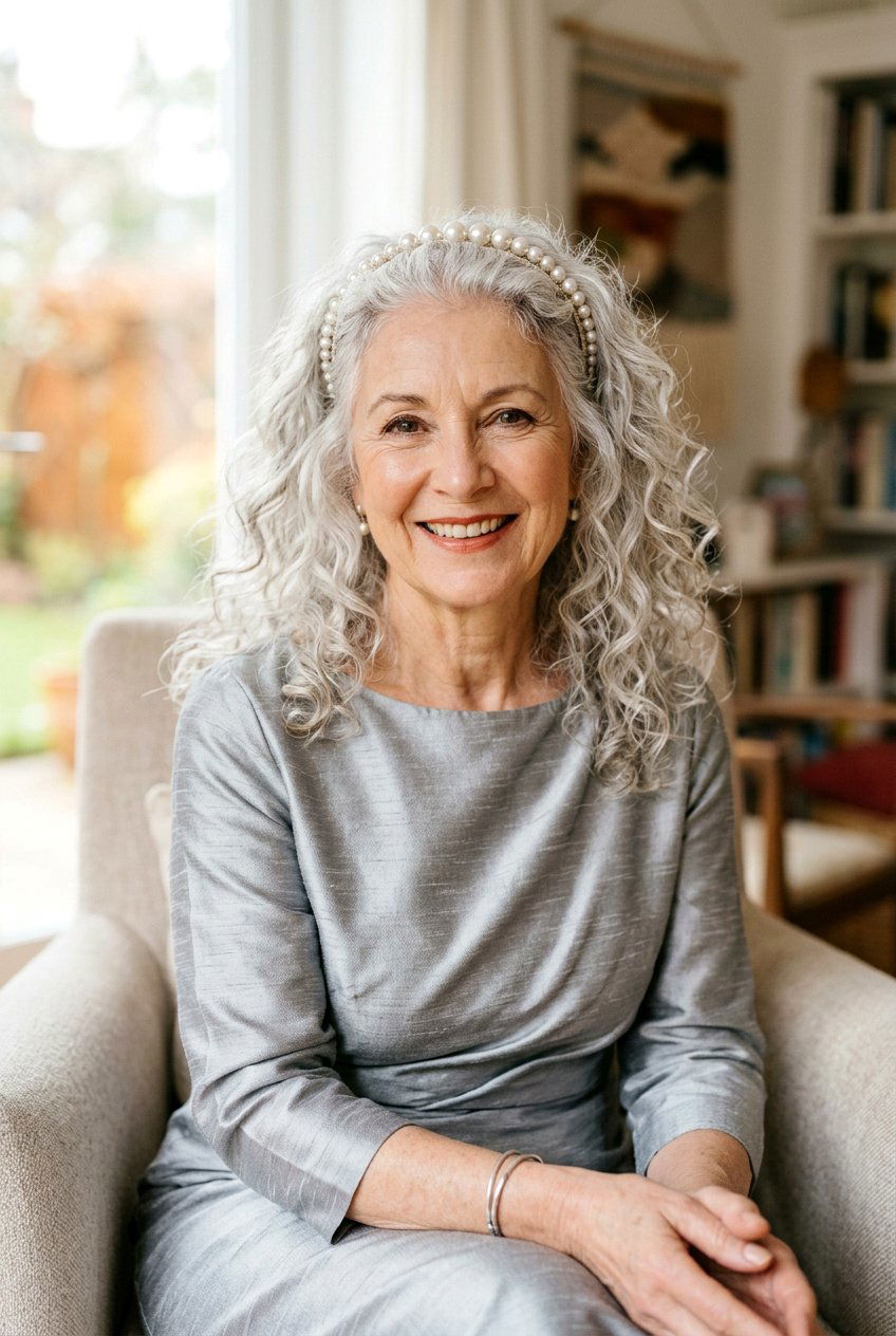 Silver Curls With Headband - 20 curly wedding guest hairstyle for mature women - 20 curly wedding guest hairstyle for mature women