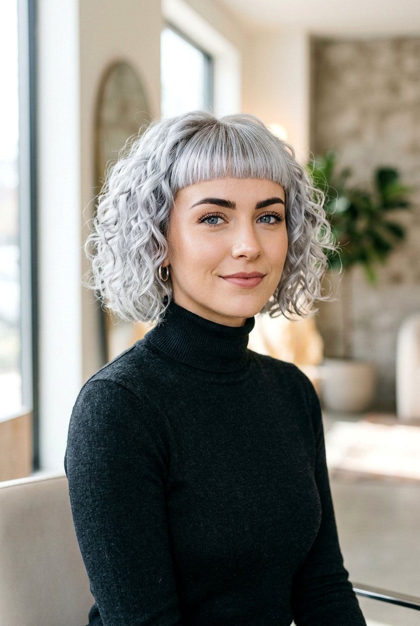 Silver Curly Bob With Blunt Bangs - 20 mature curly bob with bangs - 20 mature curly bob with bangs