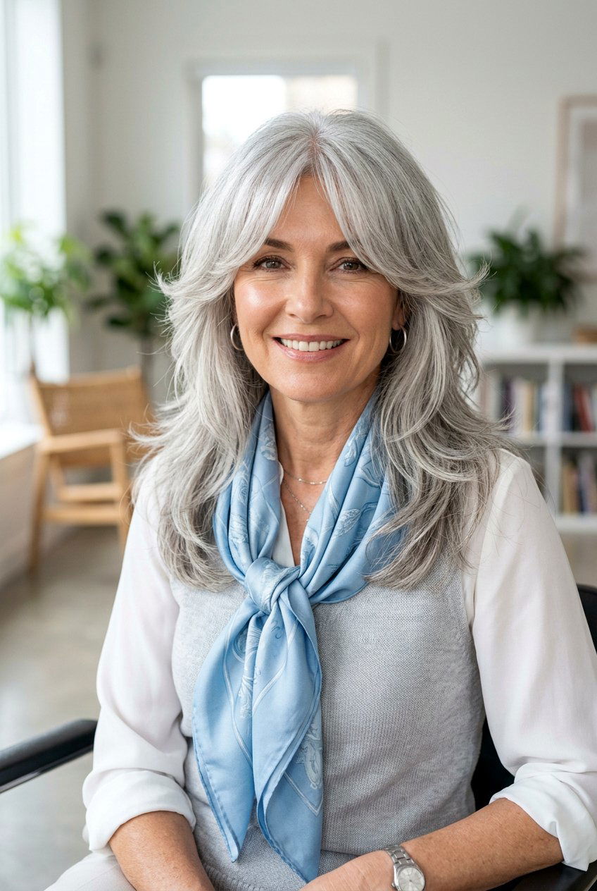Silver Feather Cut With Curtain Bangs - 20 gray hair with curtain bangs - 20 gray hair with curtain bangs