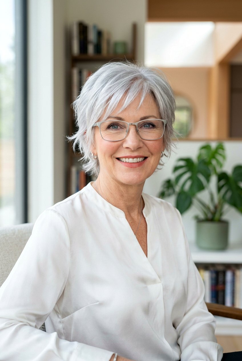 Silver Feathered Pixie Cut - 20 elegant pixie for mature women with glasses - 20 elegant pixie for mature women with glasses