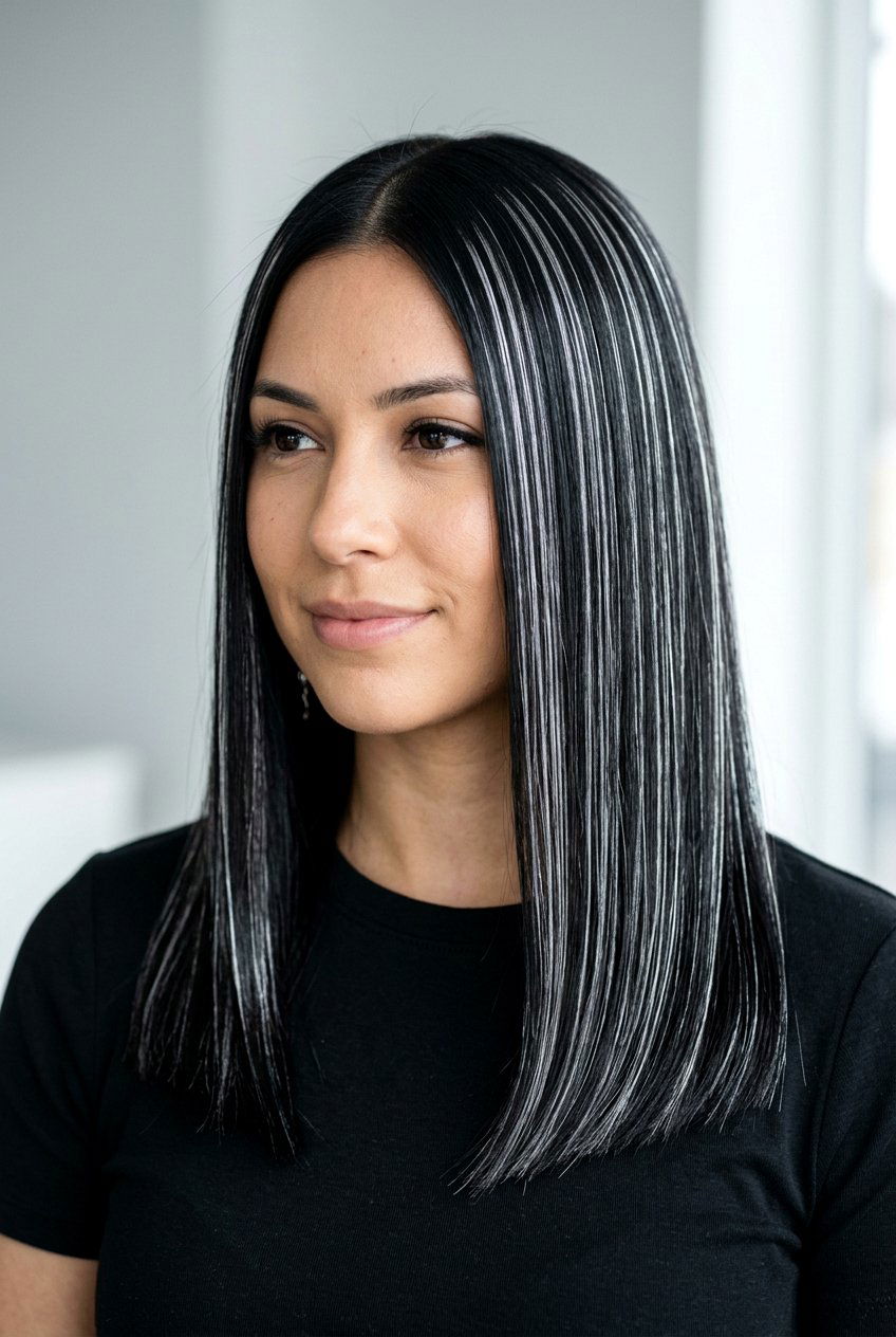 Silver Foil Highlights on Black Hair - 20 silver highlights on dark hair - 20 silver highlights on dark hair