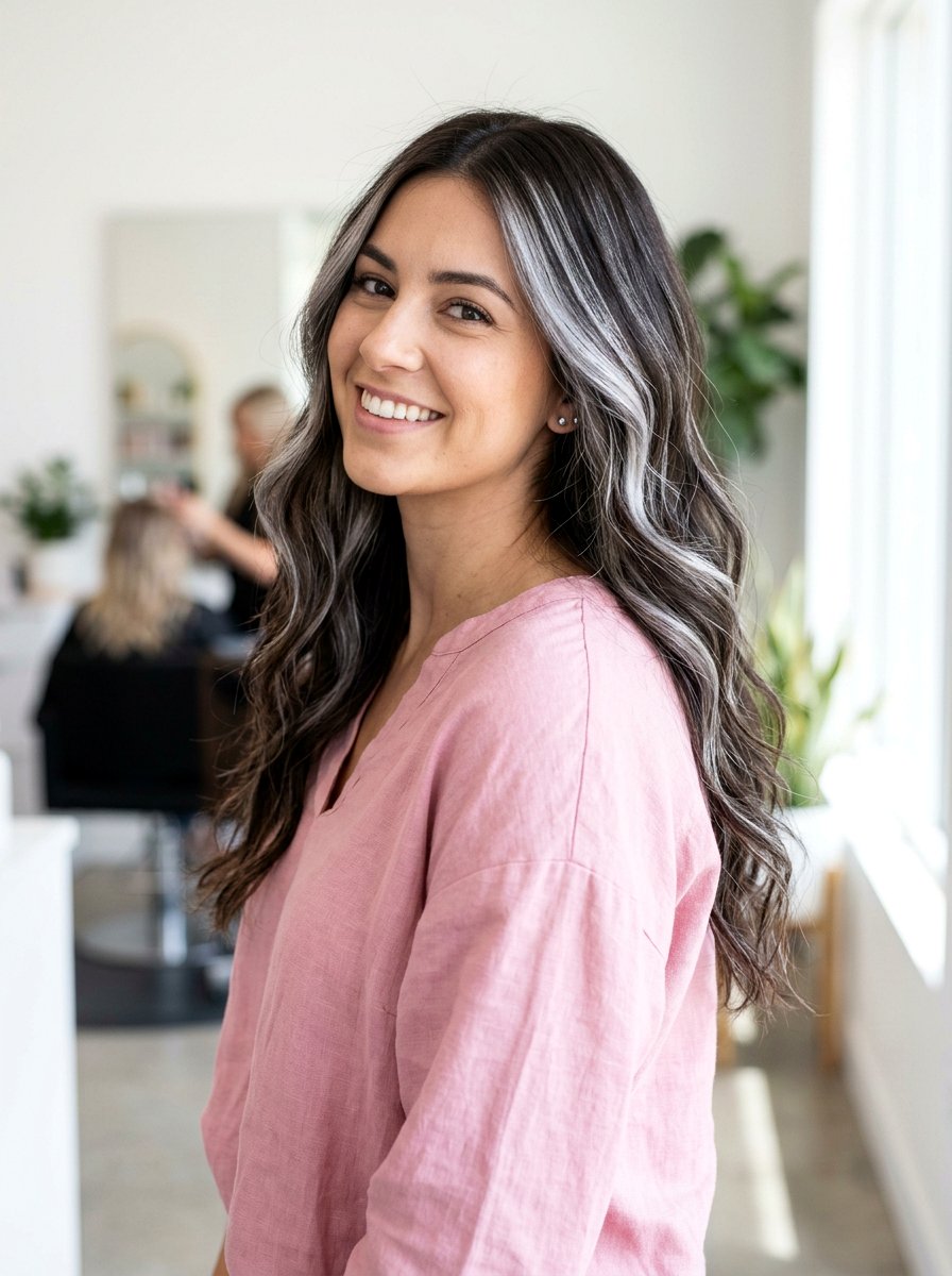 Silver Foilyage Highlights on Dark Hair - 20 silver blending highlights for dark hair - 20 silver blending highlights for dark hair