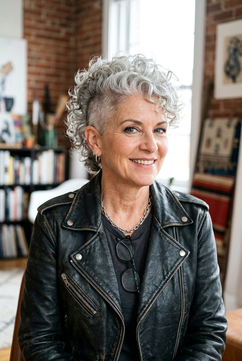 Silver Fox Curly Mohawk - 20 curly pixie for mature women - 20 curly pixie for mature women