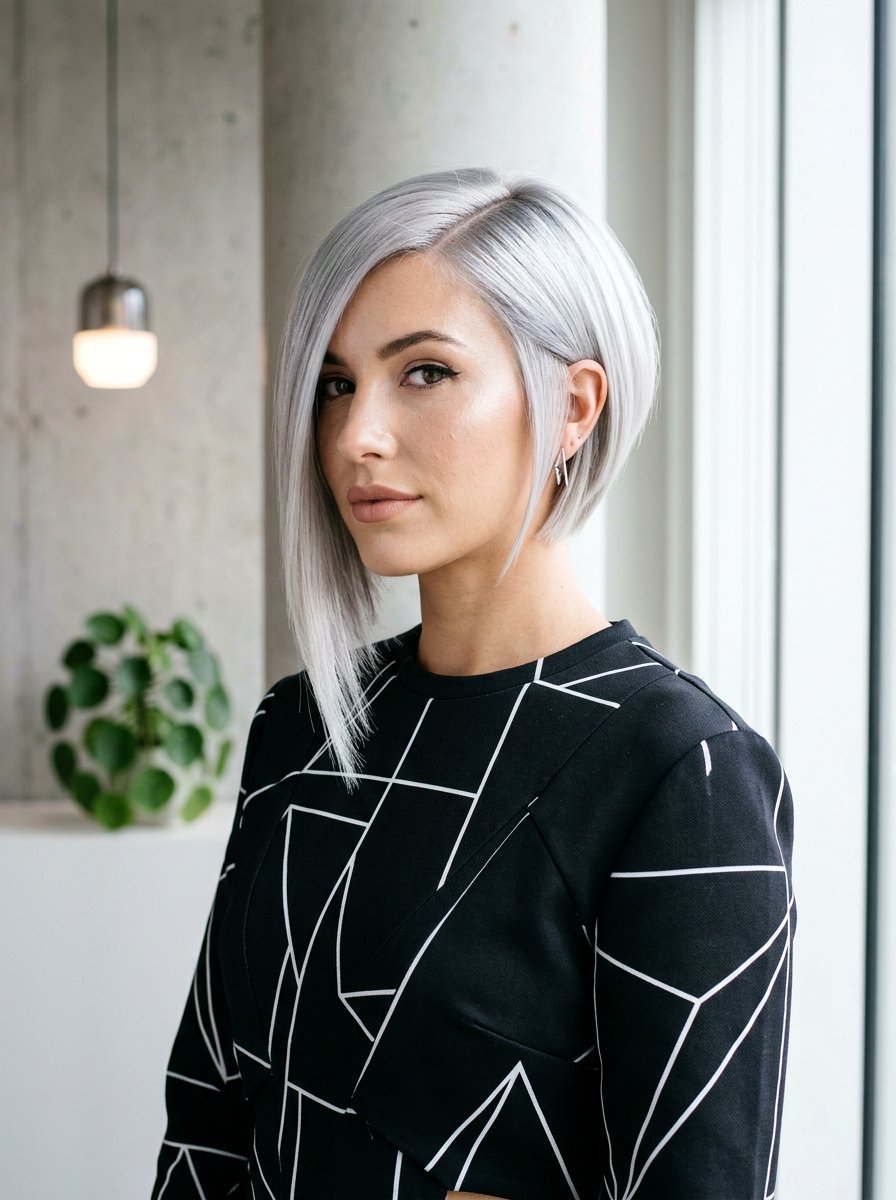 Silver Gloss On Asymmetrical Bob - 20 silver gloss for mature gray hair - 20 silver gloss for mature gray hair