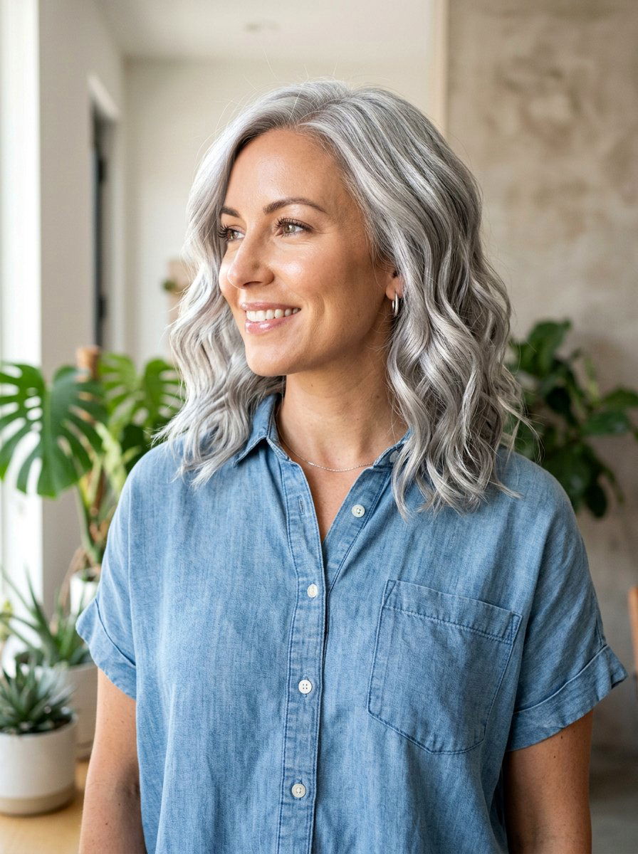 Silver Gloss On Wavy Lob - 20 silver gloss for mature gray hair - 20 silver gloss for mature gray hair