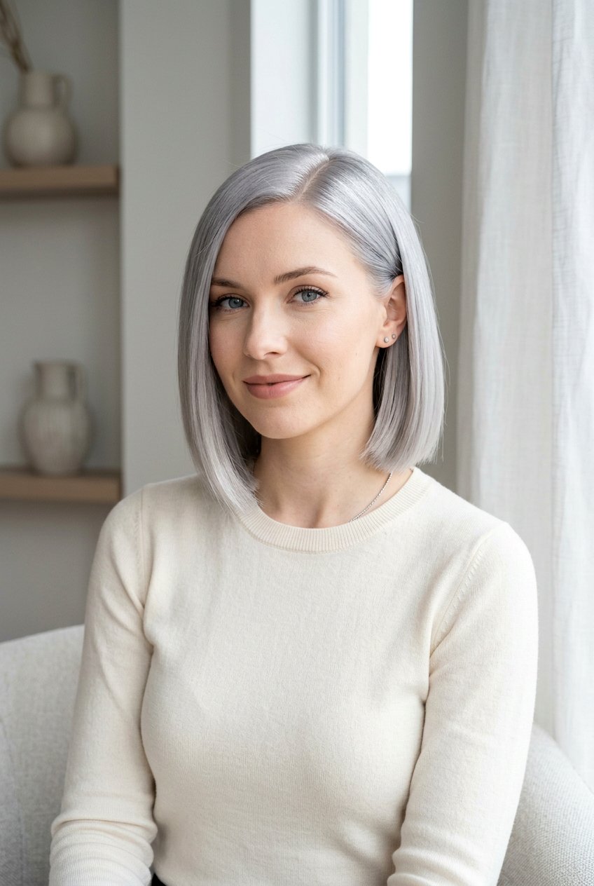 Silver Gray Bob with Cool Tones - 20 mom low maintenance gray bob - 20 mom low maintenance gray bob