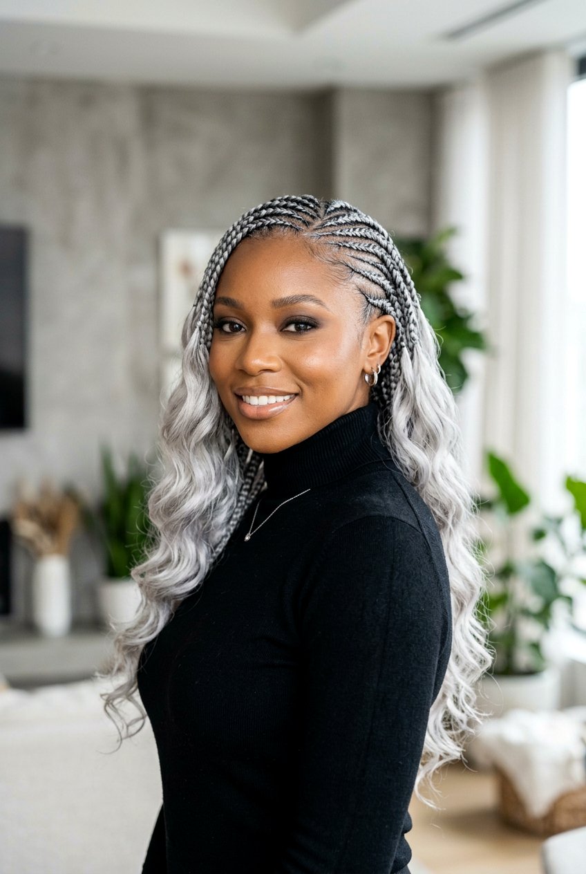 Silver Grey Cornrows With Loose Waves - 20 straight back cornrows with curly ends - 20 straight back cornrows with curly ends