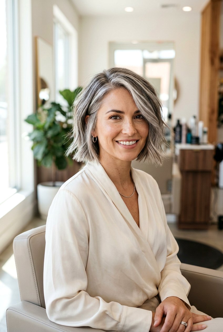 Silver Herringbone Highlights - 20 balayage for women with naturally gray hair - 20 balayage for women with naturally gray hair