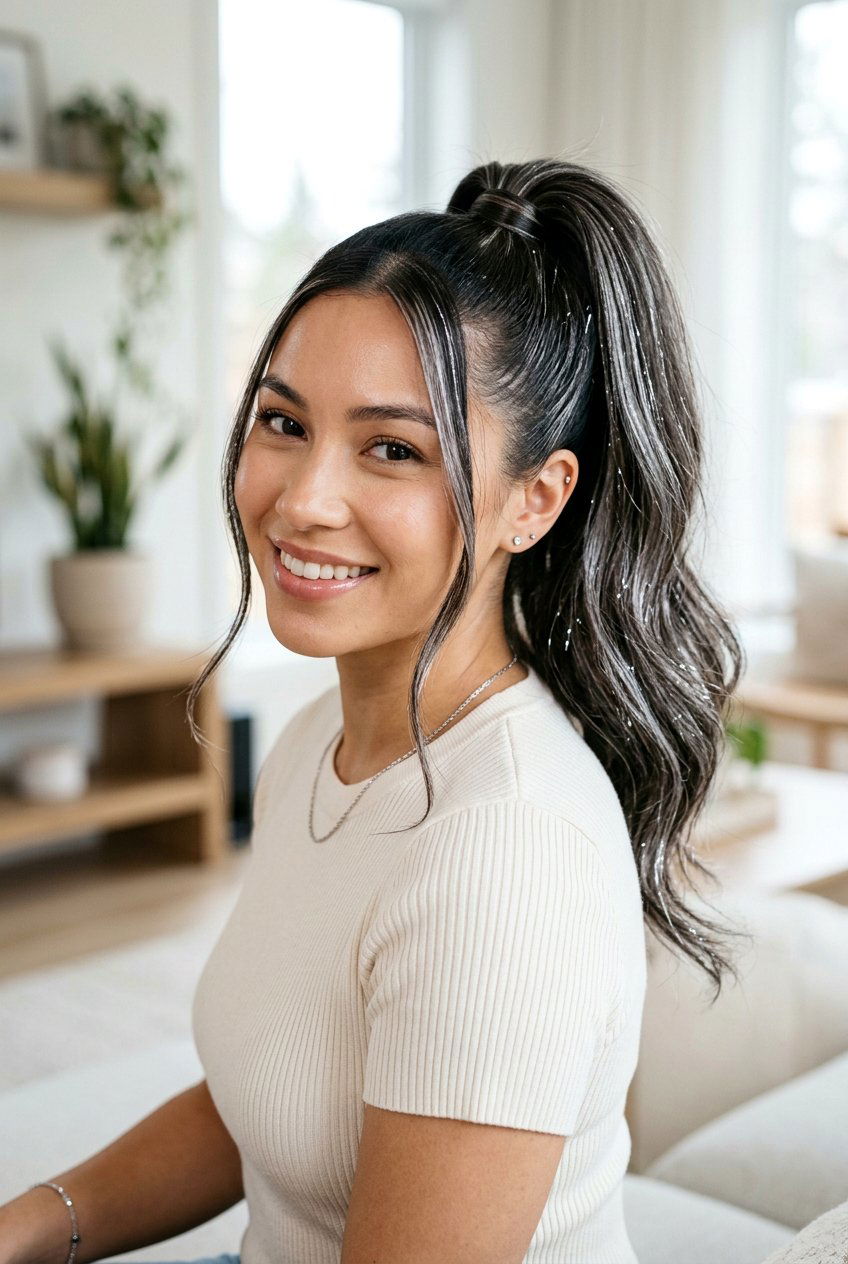 Silver Highlights on Dark Hair Ponytail Look - 20 silver highlights on dark hair - 20 silver highlights on dark hair