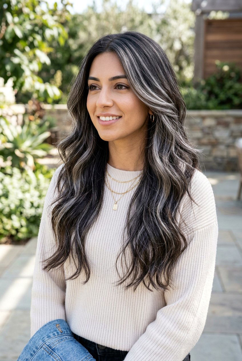 Silver Highlights on Dark Hair Wavy Layers - 20 silver highlights on dark hair - 20 silver highlights on dark hair