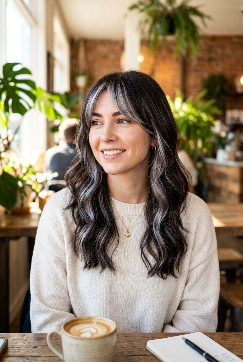 Silver Highlights on Dark Hair with Curtain Bangs - 20 silver highlights on dark hair - 20 silver highlights on dark hair