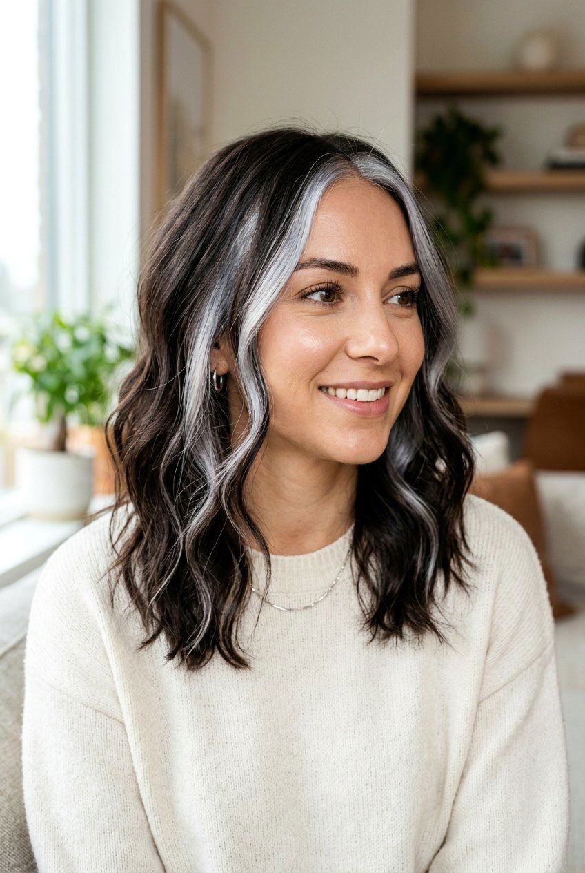 Silver Highlights on Dark Hair with Face Framing - 20 silver highlights on dark hair - 20 silver highlights on dark hair