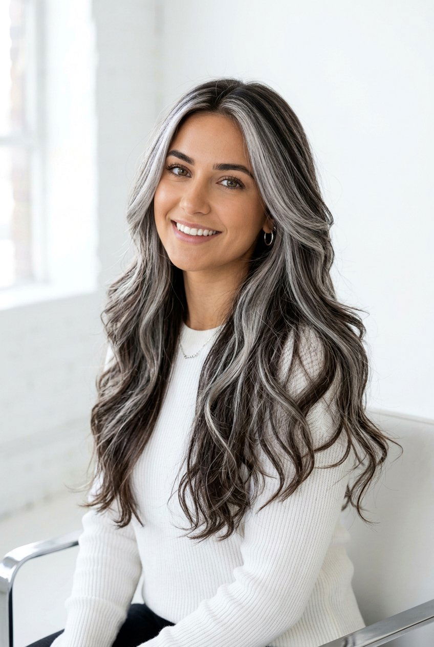 Silver Highlights on Dark Hair with Lowlights - 20 silver highlights on dark hair - 20 silver highlights on dark hair