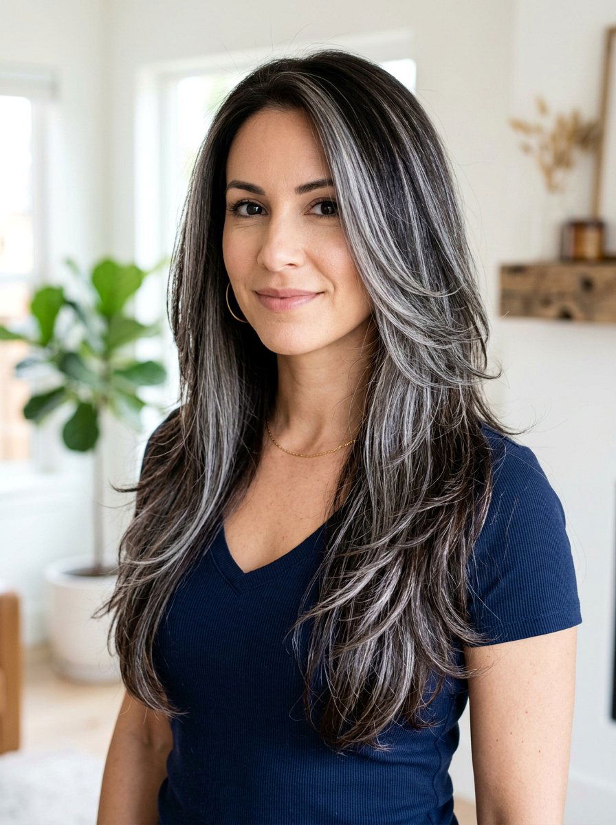 Silver Highlights on Dark Layered Hair - 20 silver blending highlights for dark hair - 20 silver blending highlights for dark hair