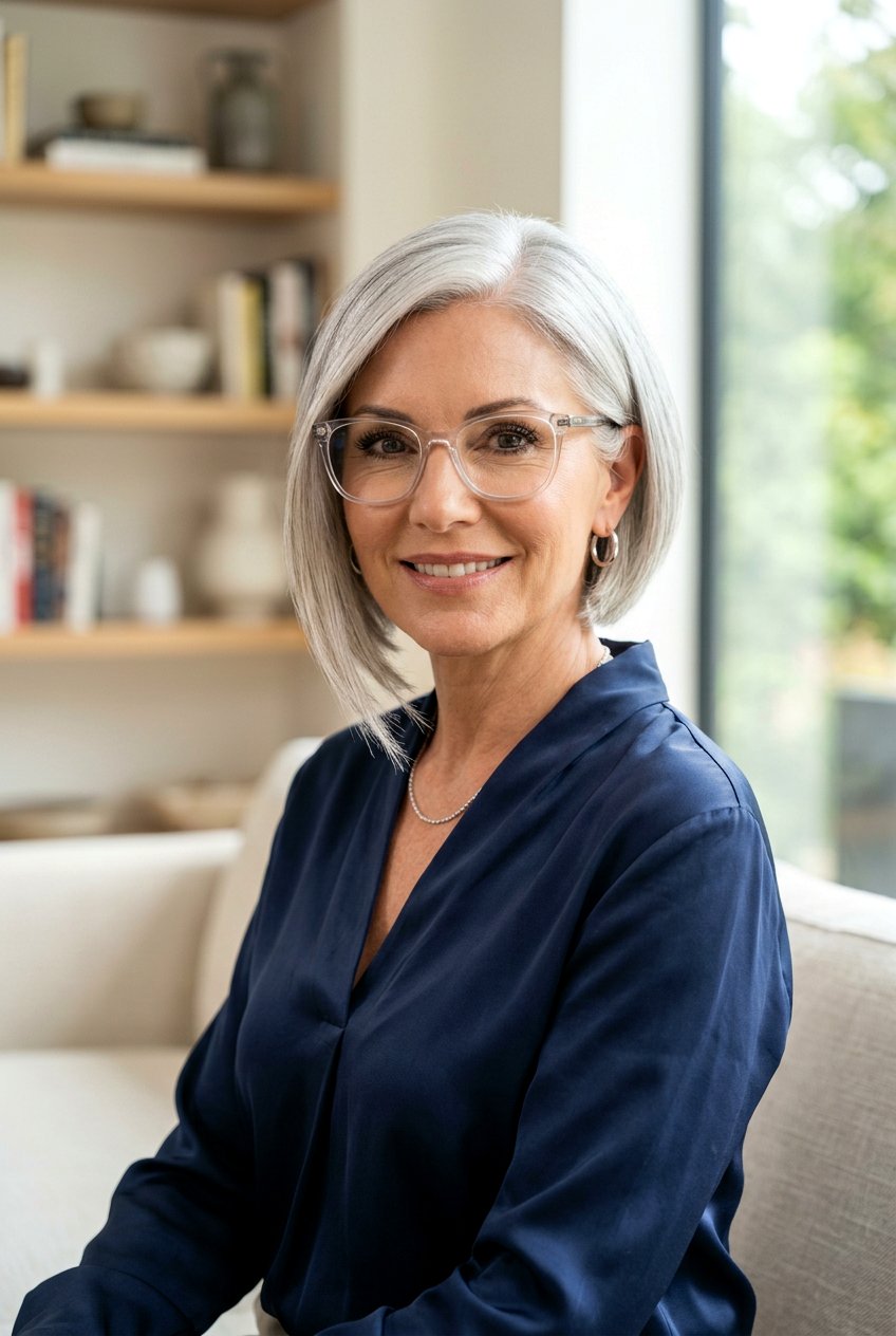 Silver Inverted Bob - 20 gray hairstyles for women with glasses - 20 gray hairstyles for women with glasses