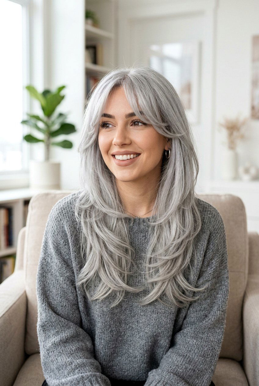 Silver Layered Hair With Curtain Bangs - 20 gray hair with curtain bangs - 20 gray hair with curtain bangs