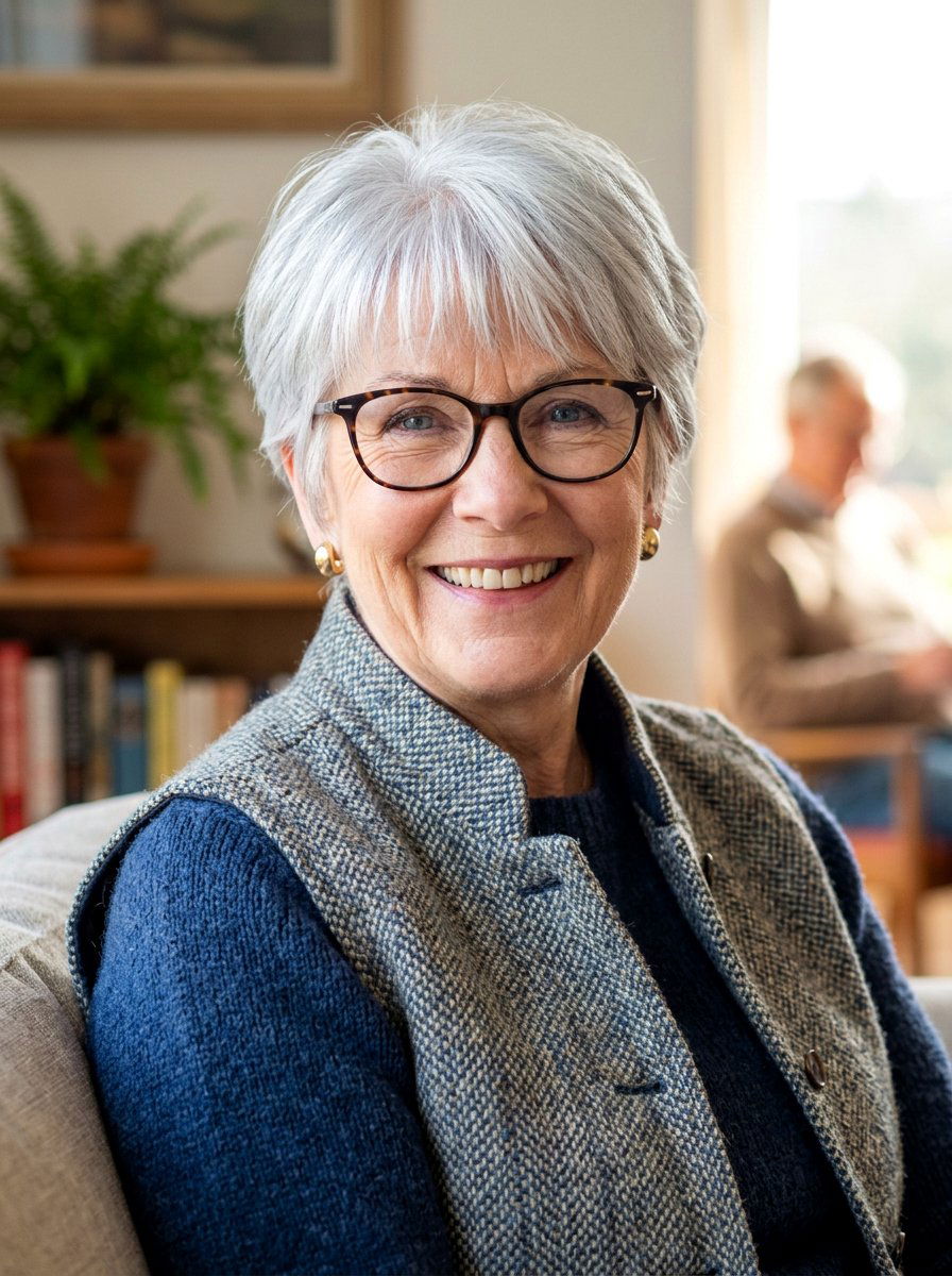 Silver Layered Pixie With Bangs And Glasses - 20 silver layered pixie for older women - 20 silver layered pixie for older women