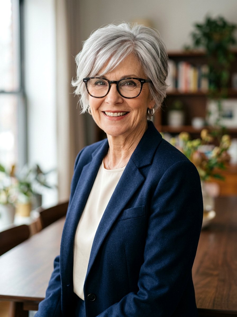 Silver Layered Pixie With Glasses - 20 silver layered pixie for older women - 20 silver layered pixie for older women