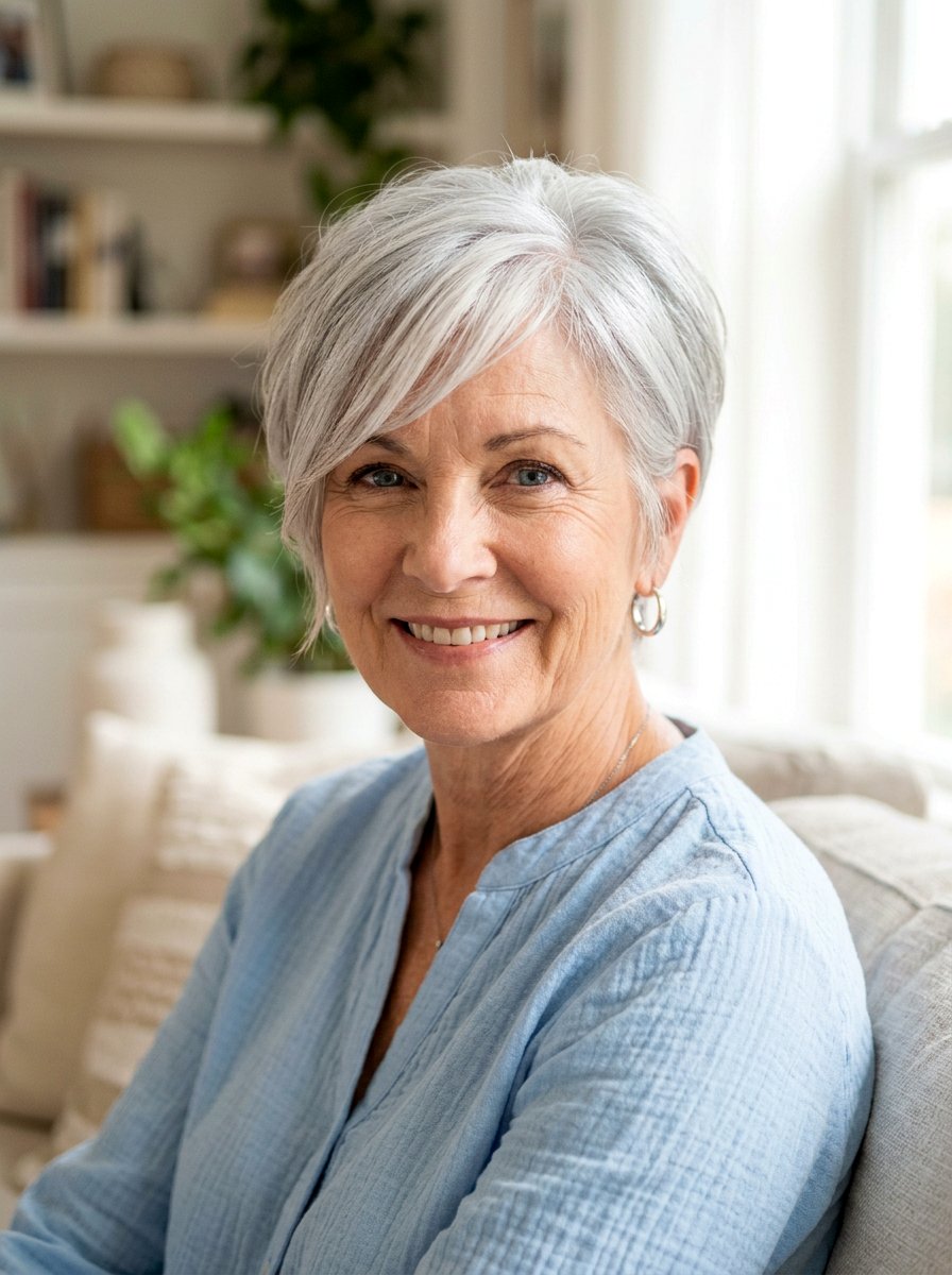 Silver Layered Pixie With Side Bangs - 20 silver layered pixie for older women - 20 silver layered pixie for older women