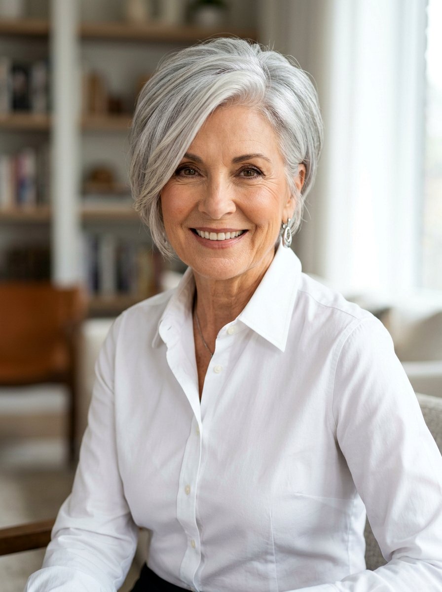 Silver Layered Pixie With Side Part - 20 silver layered pixie for older women - 20 silver layered pixie for older women
