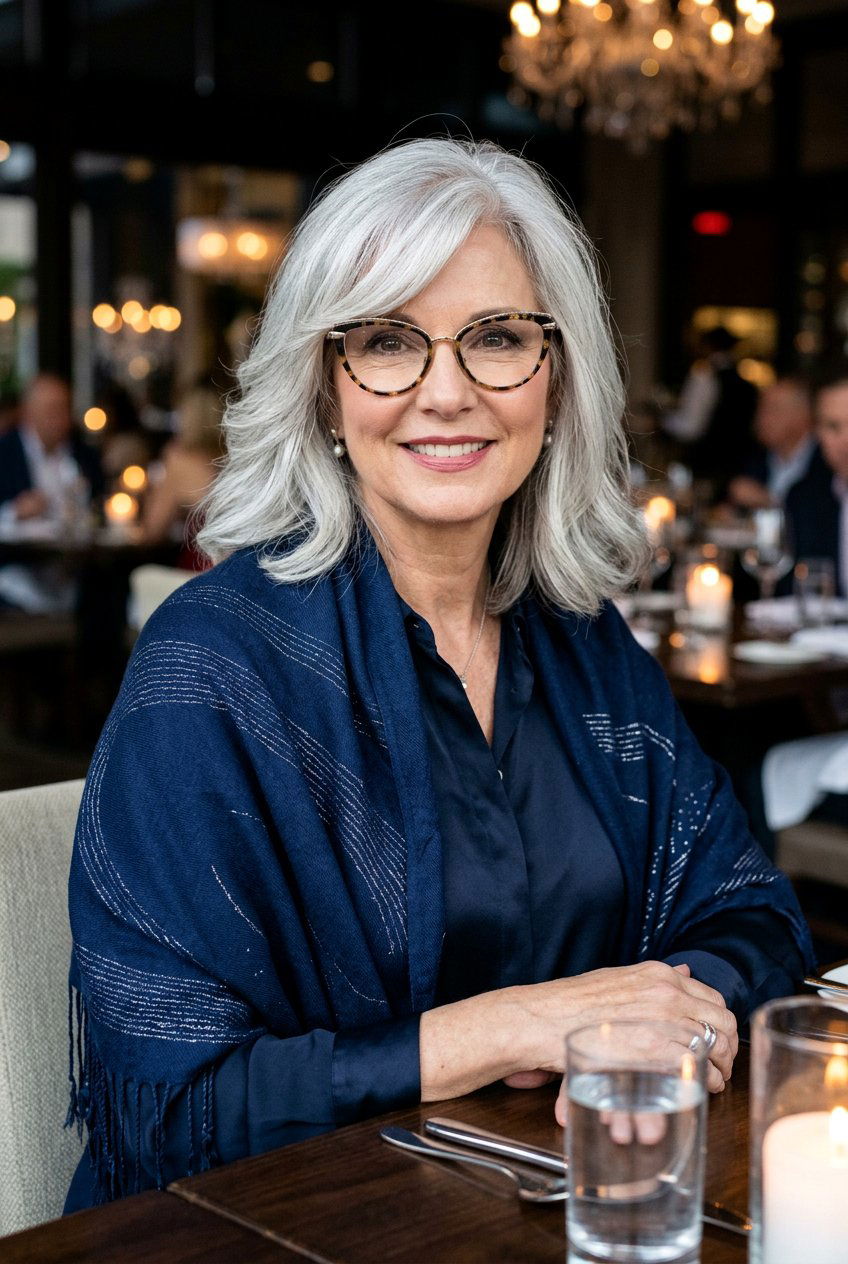 Silver Lob With Side Part - 20 gray hairstyles for women with glasses - 20 gray hairstyles for women with glasses