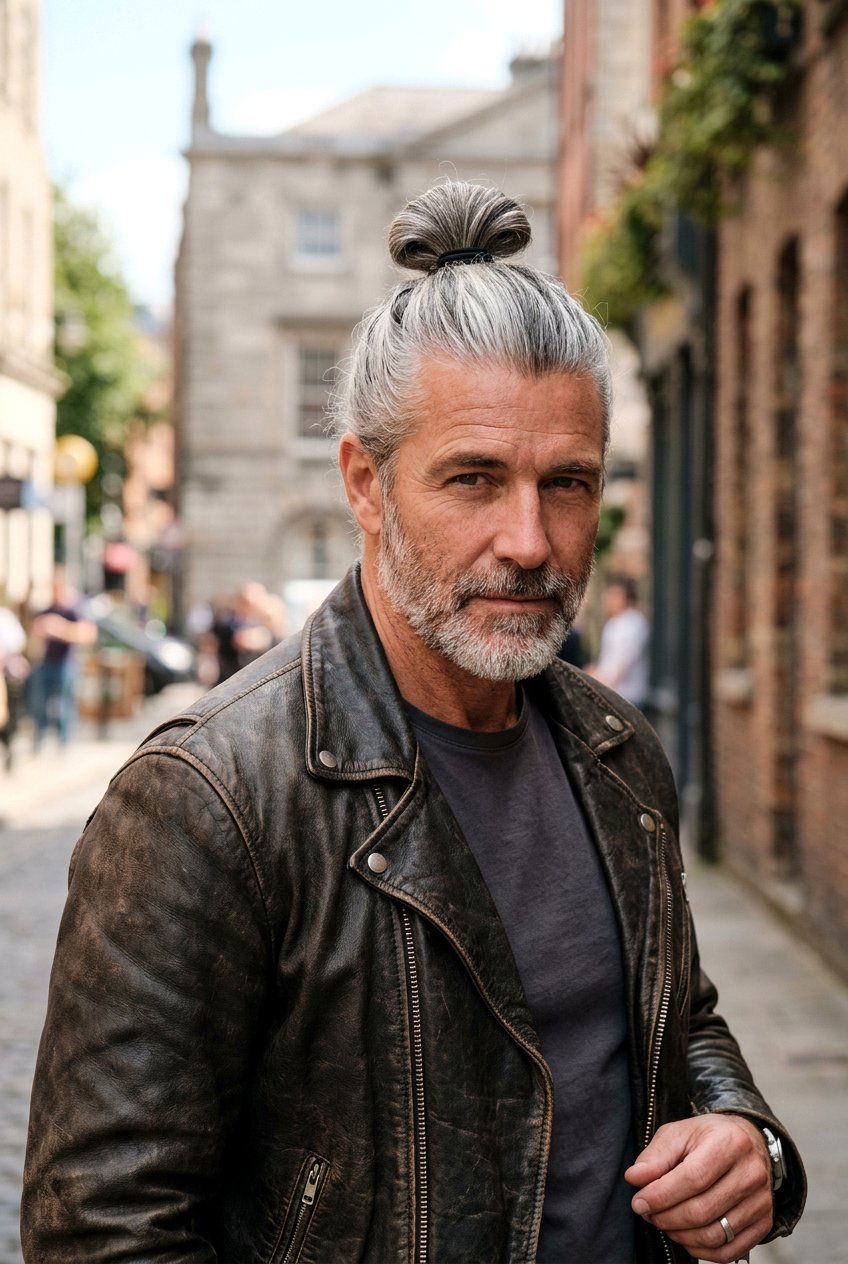 Silver Man Bun - 20 mens haircut for salt and pepper hair - 20 men’s haircut for salt and pepper hair