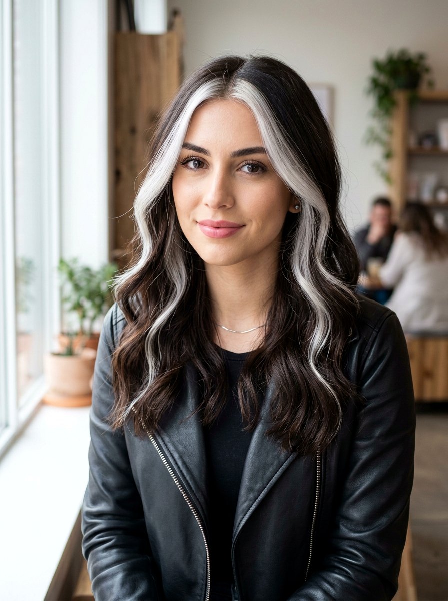 Silver Money Piece On Brunette Hair - 20 silver brunette blend hair color - 20 silver brunette blend hair color