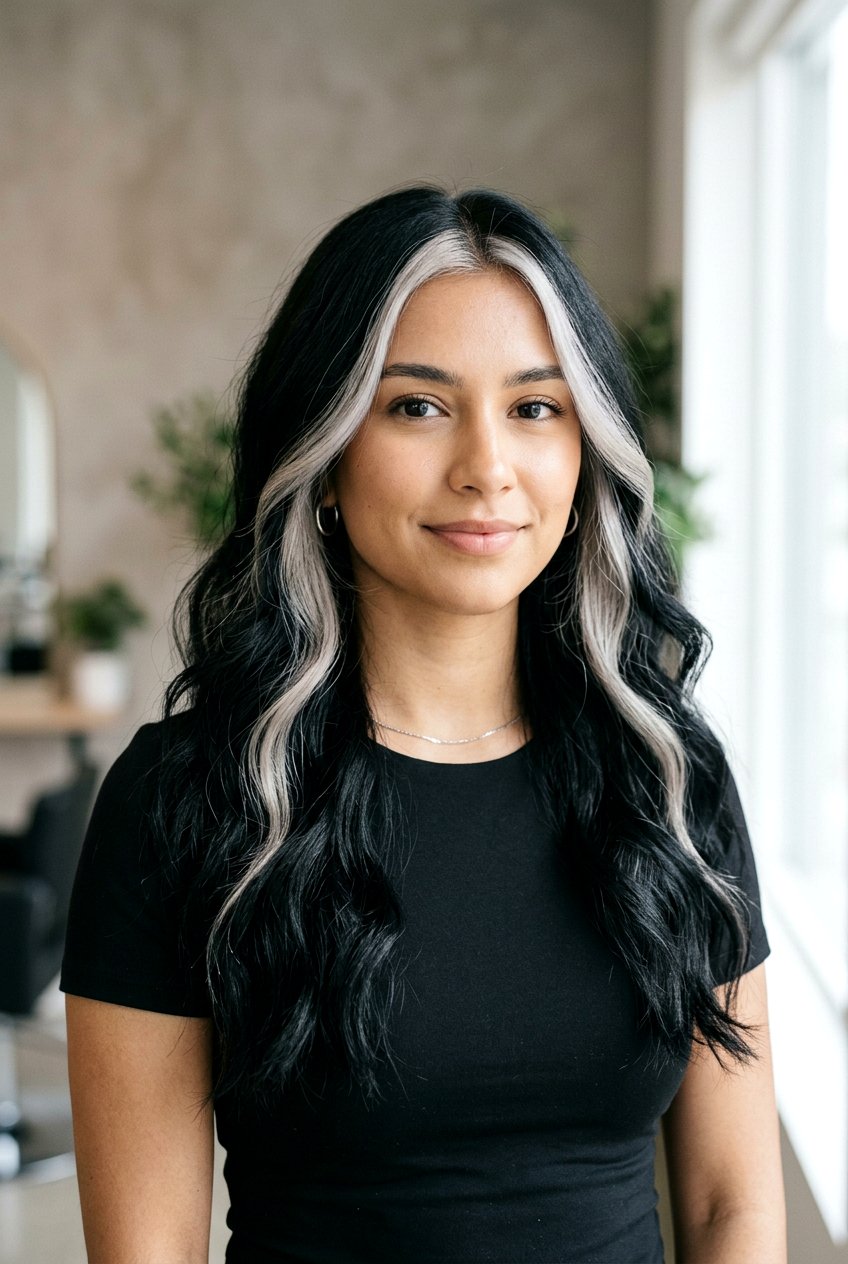 Silver Money Piece on Dark Hair - 20 silver highlights on dark hair