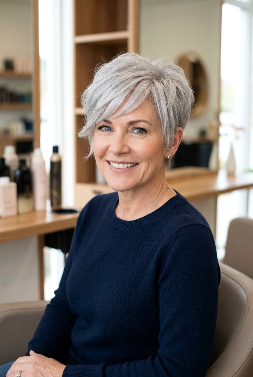 Silver Pixie Cut With Bangs - 20 transition to gray hair styles - 20 transition to gray hair styles