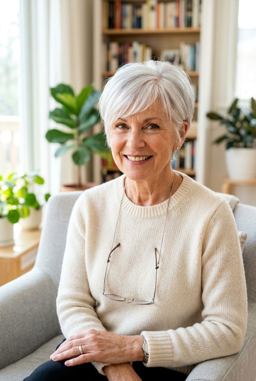 Silver Pixie With Side Bangs - 20 short hairstyles for women over 60 - 20 short hairstyles for women over 60