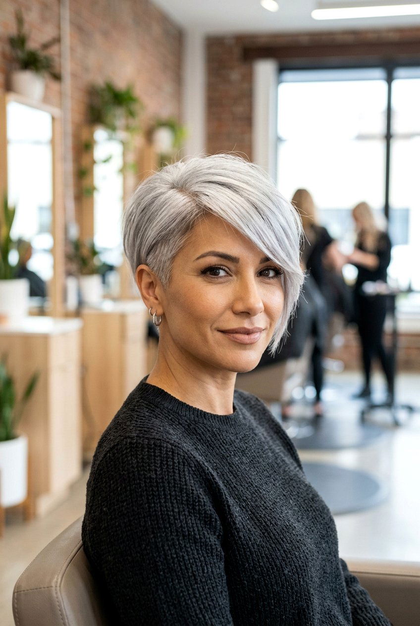 Silver Pixie With Side Bangs - 20 hairstyles for gray hair - 20 hairstyles for gray hair