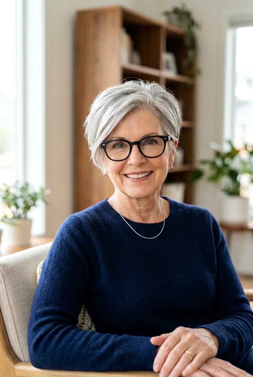 Silver Pixie With Side Part - 20 hairstyles for women over 60 with glasses - 20 hairstyles for women over 60 with glasses