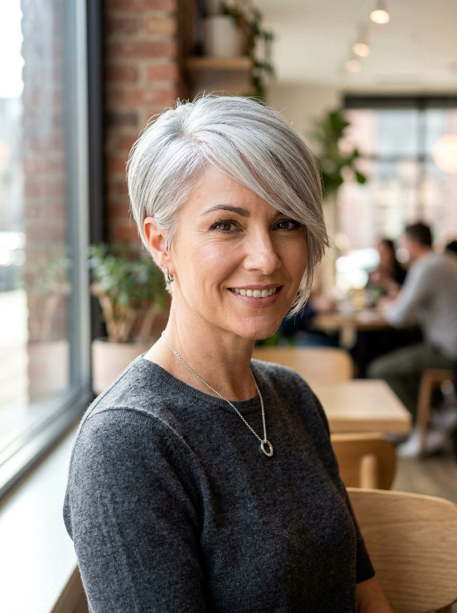 Silver Pixie With Side Swept Bangs - 20 short gray pixie with layers - 20 short gray pixie with layers