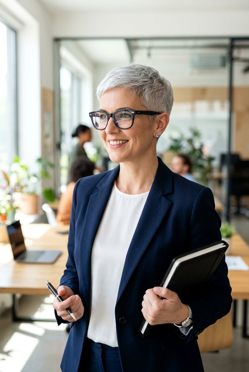 Silver Pixie With Tapered Sides - 20 gray hairstyles for women with glasses - 20 gray hairstyles for women with glasses