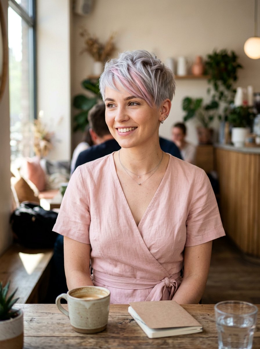Silver Pixie with Pink Highlights - 20 silver pixie hair color ideas - 20 silver pixie hair color ideas