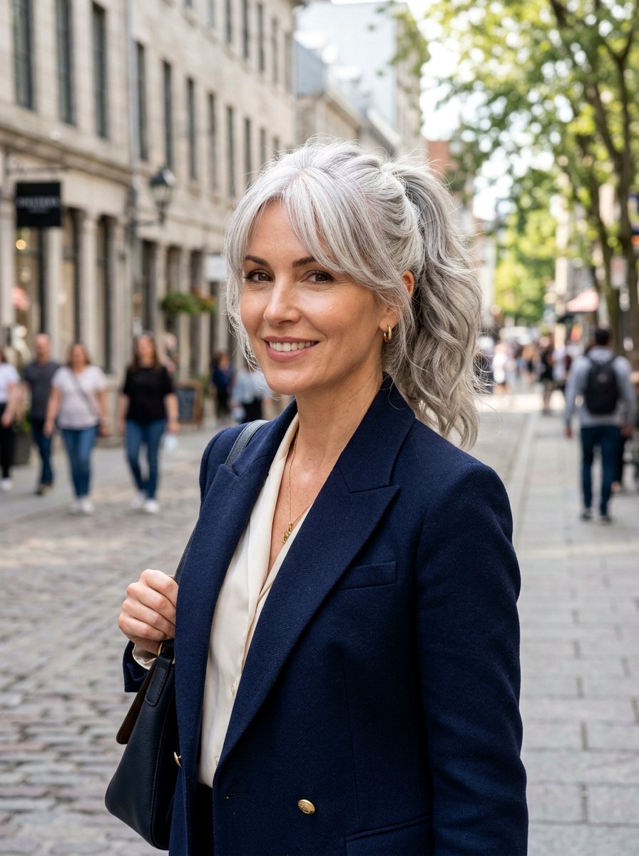Silver Ponytail With Face Framing Bangs - 20 classy silver ponytail hairstyle - 20 classy silver ponytail hairstyle