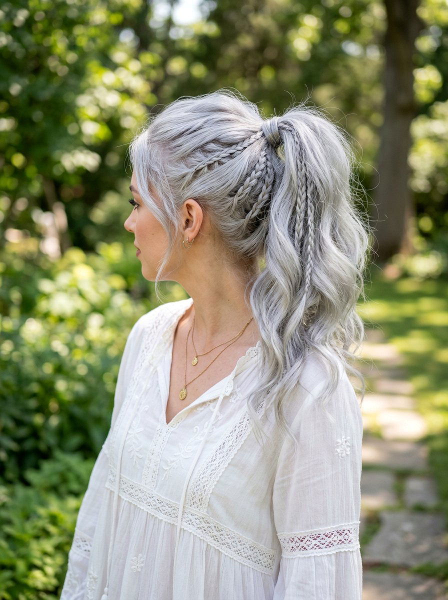 Silver Ponytail With Hidden Braids - 20 classy silver ponytail hairstyle - 20 classy silver ponytail hairstyle
