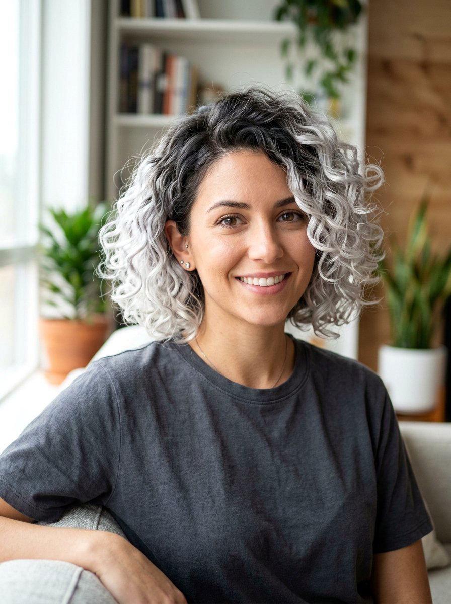 Silver Shadow Root Curly Bob - 20 silver curly bob color ideas - 20 silver curly bob color ideas