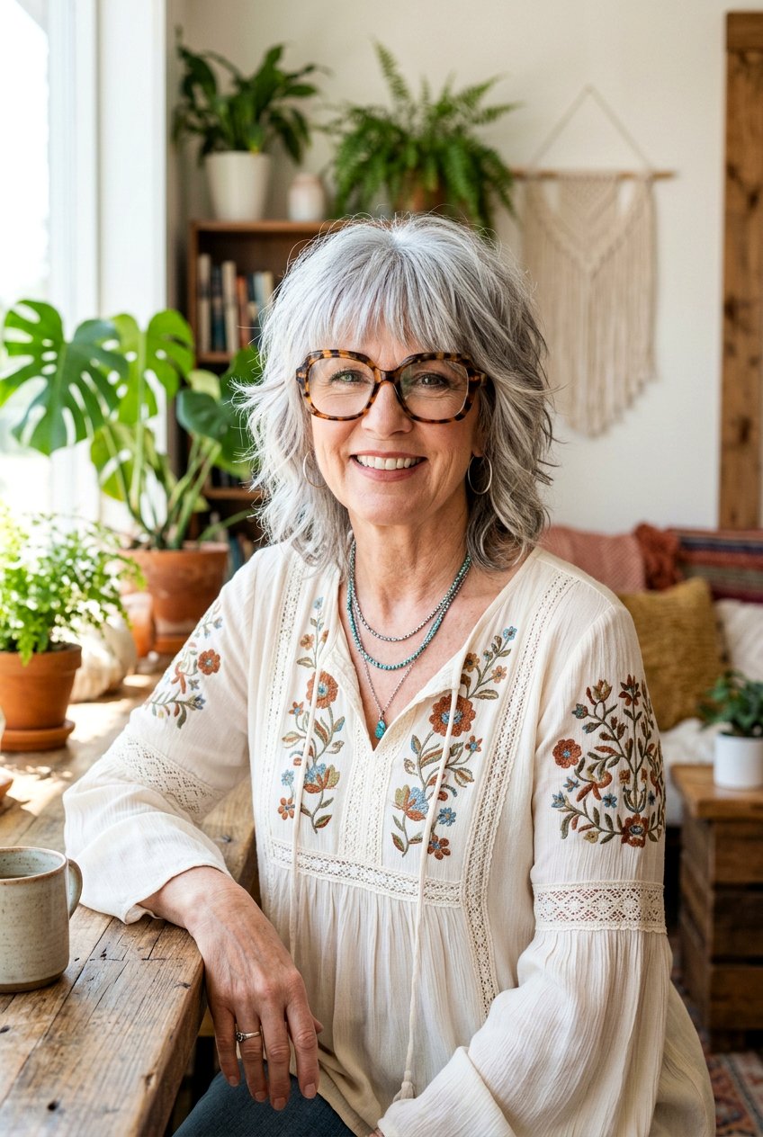 Silver Shag With Bottleneck Bangs - 20 gray hairstyles for women with glasses - 20 gray hairstyles for women with glasses
