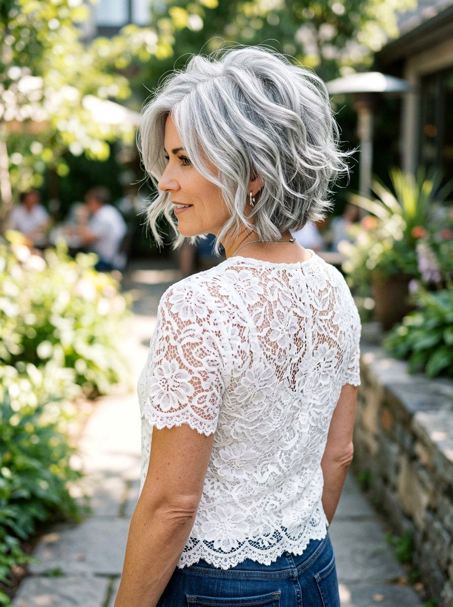 Silver Shaggy Bob - 20 soft shaggy layers for older women - 20 soft shaggy layers for older women