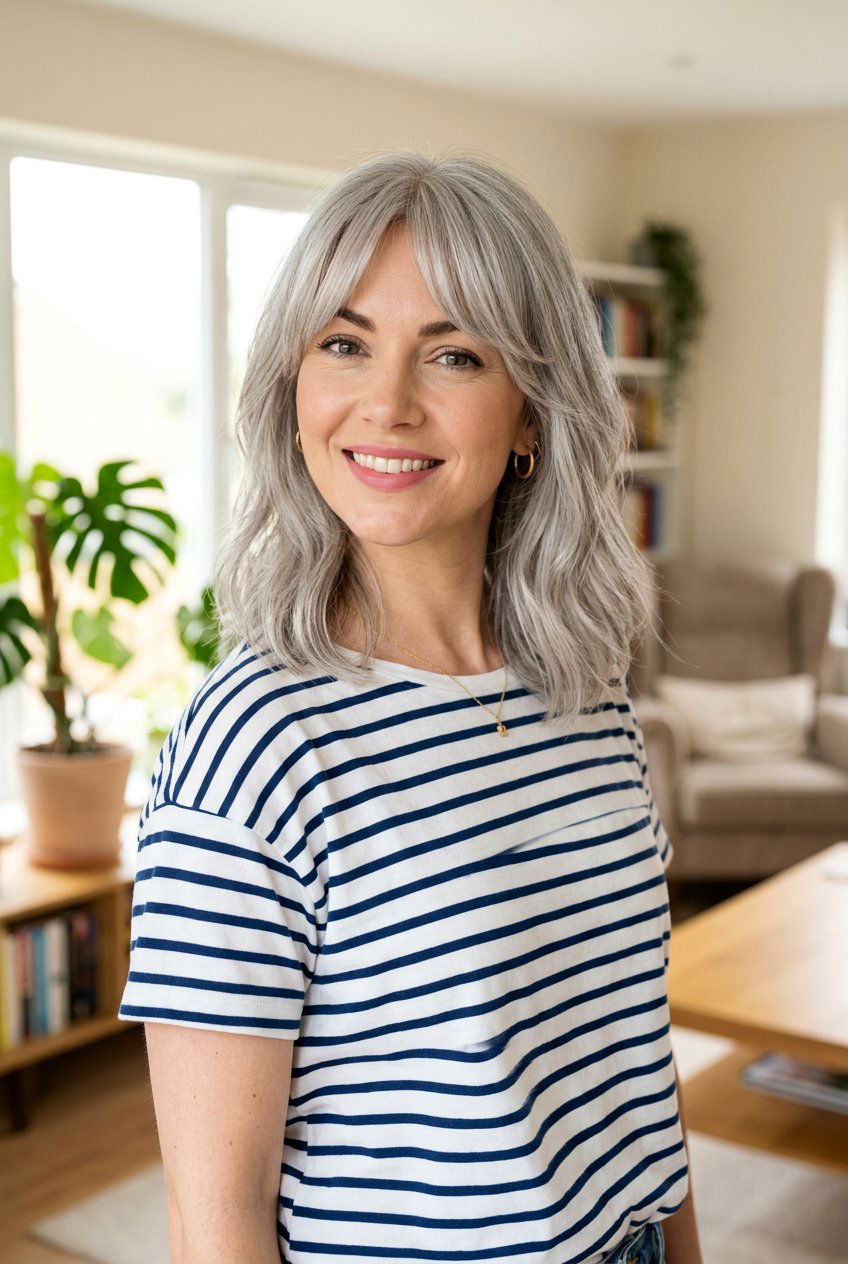 Silver Shoulder Length Hair With Curtain Bangs - 20 gray hair with curtain bangs - 20 gray hair with curtain bangs