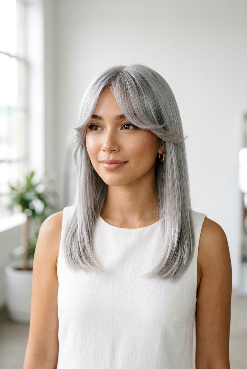 Silver Straight Hair With Curtain Bangs - 20 gray hair with curtain bangs - 20 gray hair with curtain bangs