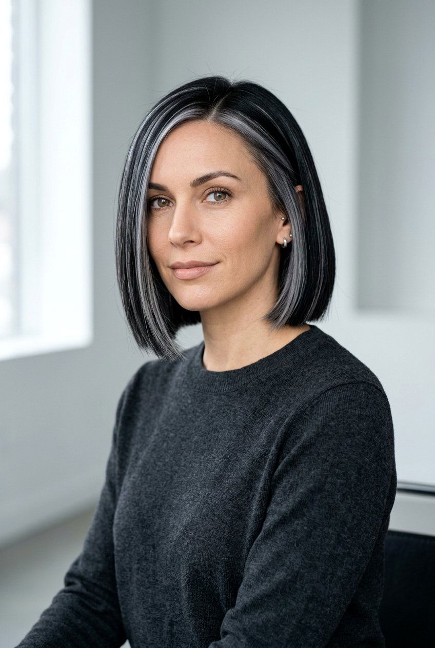 Silver Streak Highlights On Black Bob - 20 silver streak hair color - 20 silver streak hair color